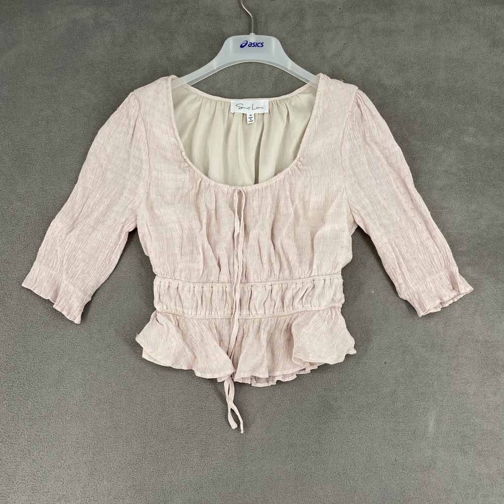 Sweet Lemon Pink Swiss Dot Smocked Waist Peplum Blouse Medium